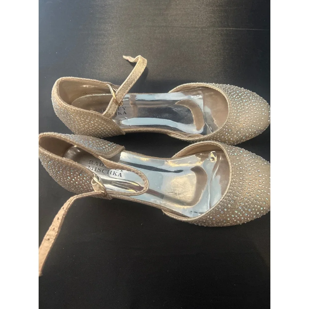 Badgley Mischka Girls Gold Glitter Rhinestone Ankle Strap‎ Dress Shoes Size 2